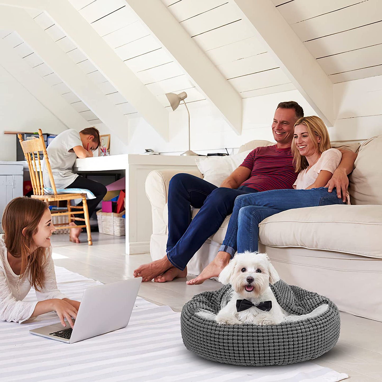 Small Dog Bed with Attached Blanket, Cozy Donut Cuddler Anti-Anxiety Hooded Pet Beds Calming Cave Bed. Orthopedic round Puppy Beds for Dogs or Cats Washable, Anti-Slip Bottom, 23Inch