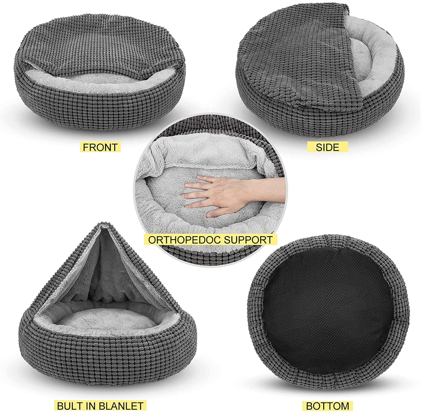 Small Dog Bed with Attached Blanket, Cozy Donut Cuddler Anti-Anxiety Hooded Pet Beds Calming Cave Bed. Orthopedic round Puppy Beds for Dogs or Cats Washable, Anti-Slip Bottom, 23Inch