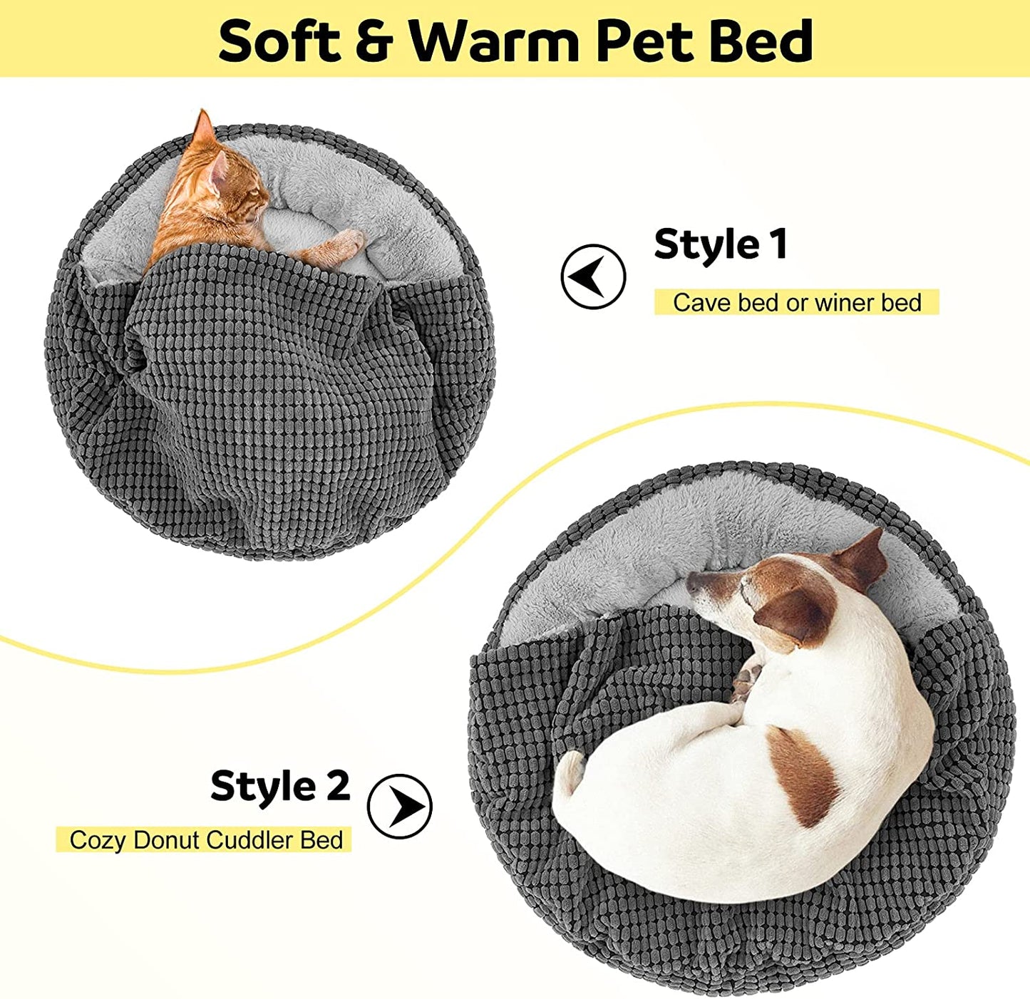 Small Dog Bed with Attached Blanket, Cozy Donut Cuddler Anti-Anxiety Hooded Pet Beds Calming Cave Bed. Orthopedic round Puppy Beds for Dogs or Cats Washable, Anti-Slip Bottom, 23Inch