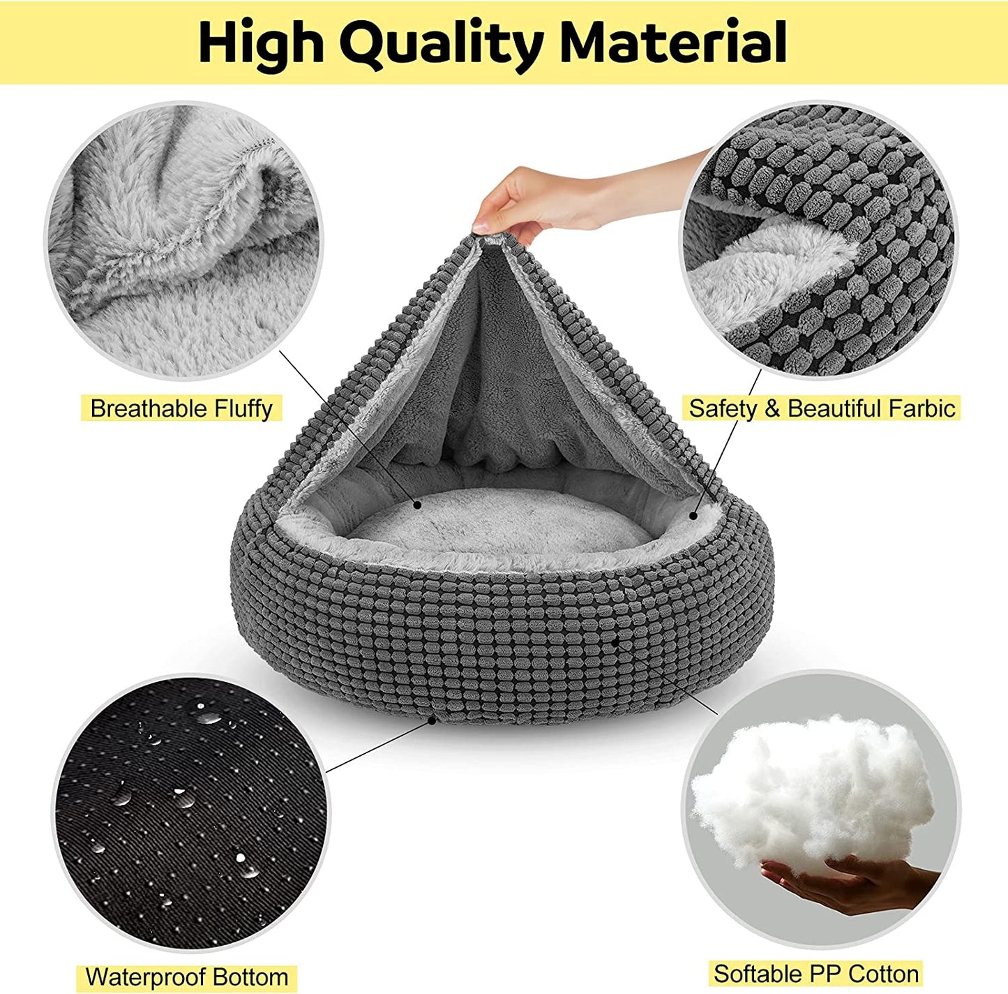 Small Dog Bed with Attached Blanket, Cozy Donut Cuddler Anti-Anxiety Hooded Pet Beds Calming Cave Bed. Orthopedic round Puppy Beds for Dogs or Cats Washable, Anti-Slip Bottom, 23Inch