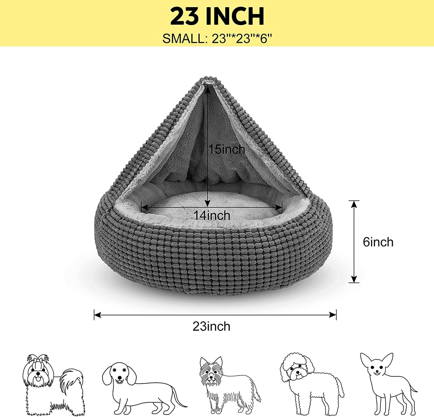 Small Dog Bed with Attached Blanket, Cozy Donut Cuddler Anti-Anxiety Hooded Pet Beds Calming Cave Bed. Orthopedic round Puppy Beds for Dogs or Cats Washable, Anti-Slip Bottom, 23Inch