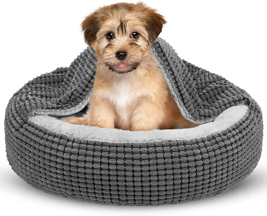 Small Dog Bed with Attached Blanket, Cozy Donut Cuddler Anti-Anxiety Hooded Pet Beds Calming Cave Bed. Orthopedic round Puppy Beds for Dogs or Cats Washable, Anti-Slip Bottom, 23Inch